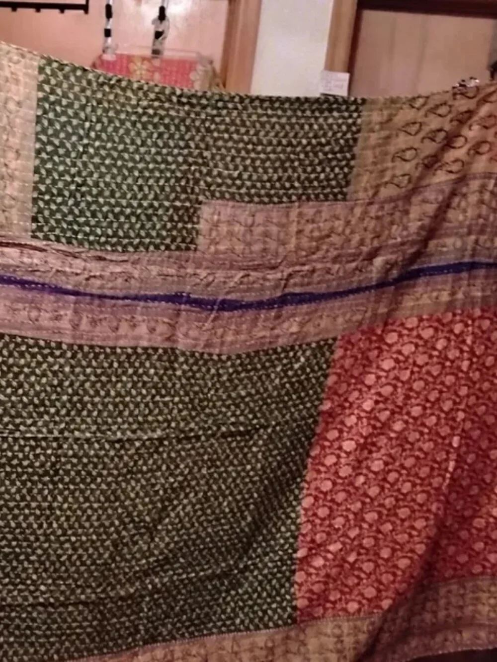 Kantha Quilt Red Yellow Large Leaves Premium 3 Layer Cotton K216.